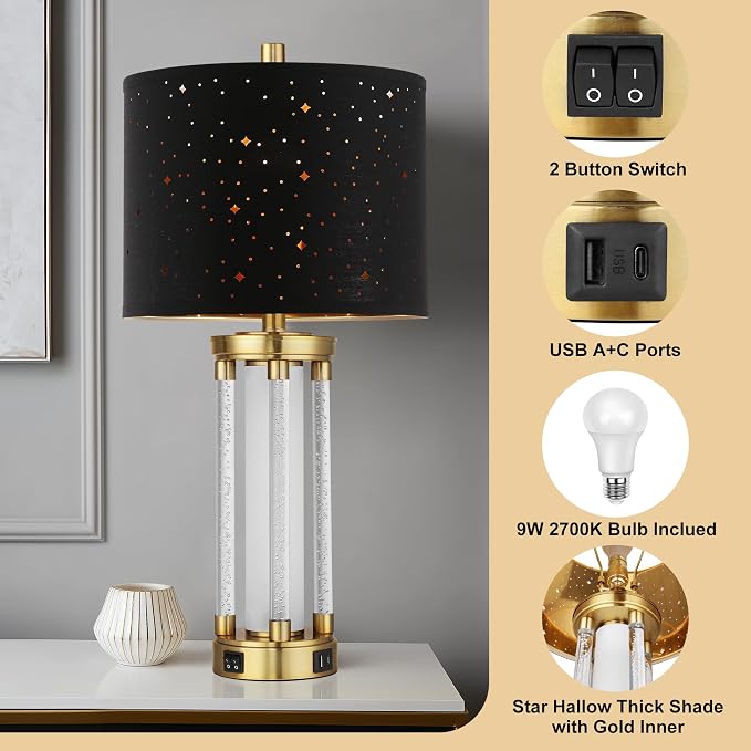 QiMH Set of 2 Industrial Table Lamps, Glass Beside Lamps for Living Room