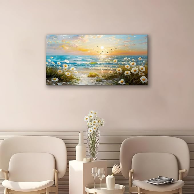 SERIMINO Sunset Landscape Wall Art, Coastal Floral Canvas Painting 20"X40" | Coastal Wall Decor, Seaside Daisy Wildflower Art Prints, Bedroom Living Room Dining Room Decor, Ready To Hang, Vibrant Colors