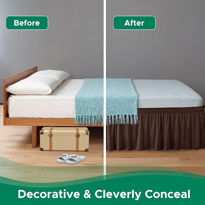 Wrap Around Bed Skirt Full Size 25" Drop-Elastic Long Dust Ruffle Brown | Adjustable Pleated Bedskirt-Easy Fit Wrinkle Resistant Washable Bed Skirting-Hotel Studio Apartment Home Guest Bedroom Rental