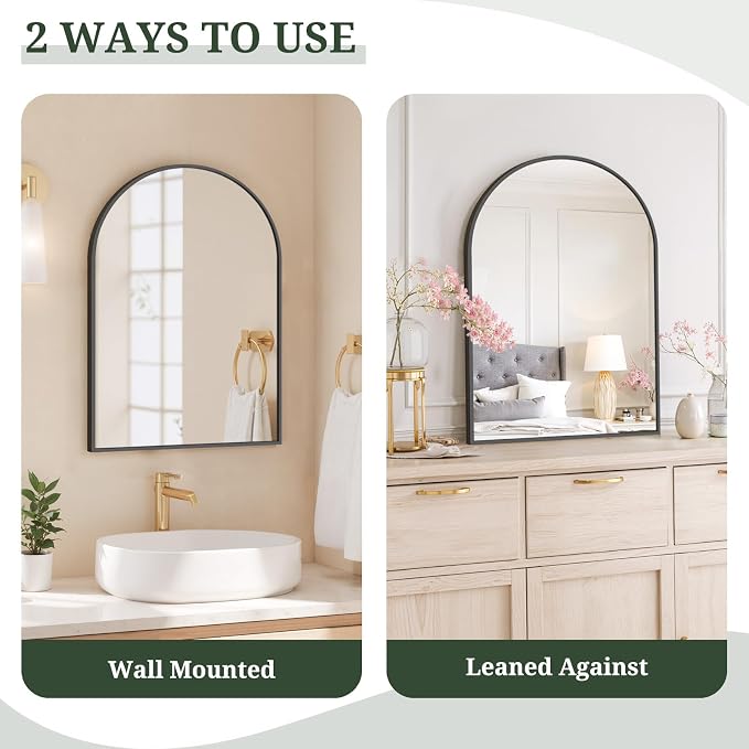 Arched Wall Mirror 30x20 Inch Black Bathroom Vanity Mirror with Metal Frame | Modern Arch Mirror for Bedroom, Living Room, Entryway, Wall Mounted Decorative Mirror