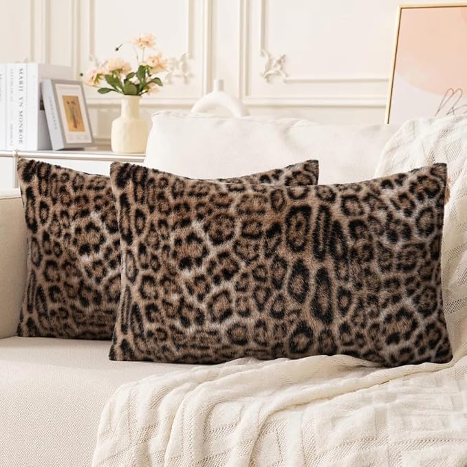 cygnus Faux Fur Cheetah Print Lumbar Throw Pillow Covers 12X20 inch | Set of 2 Leopard Couch Pillowcase ,Fluffy Fuzzy Decorative Square Throw Pillows, for Couch Sofa Living Room Bedroom Decor