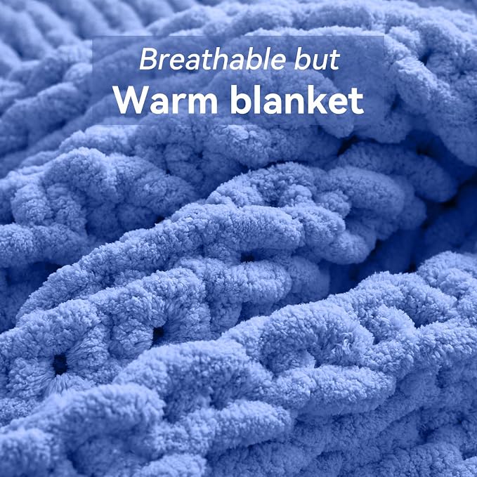 Negwoo Chunky Knit Throw Blanket, Knitted Throw Chenille Yarn, 50"*60" | Soft Thick Cable Knitted Blankets, Handmade Big Thick Blanket, Machine Washable Cute Comfy Blanket for Home Decor, Light blue