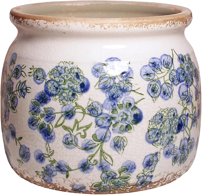 Vintage Cottage Ceramic Planters, French Flower Pot & Vase with Drainage | 6.29" Rustic Country Crackle Glaze Plant Pots for Indoor/Outdoor, Blue and Green Floral Vases, Home Decor Gifts