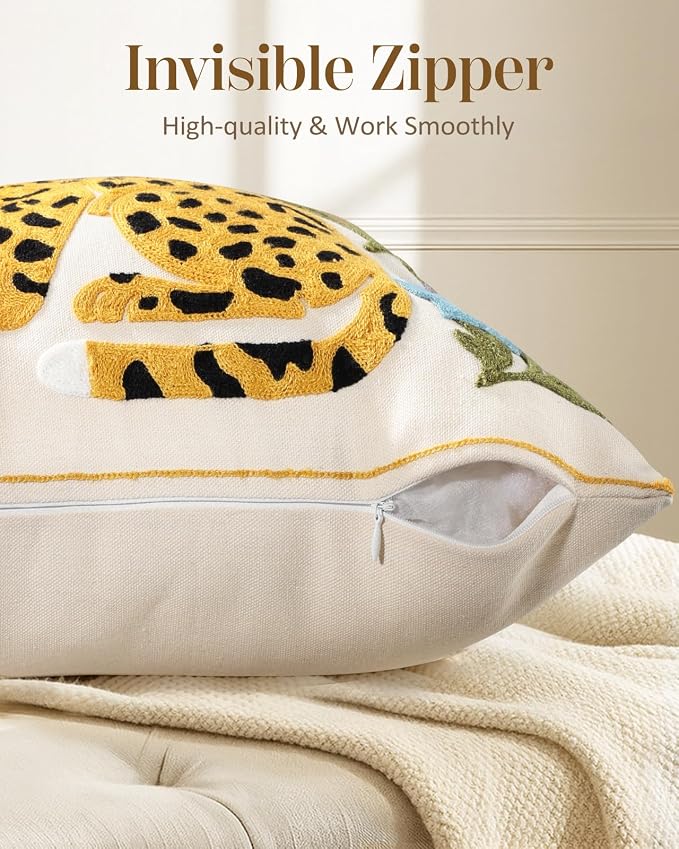 Embroidered Lumbar Pillow Cover 20x12 Inch - Summer Boho Decorative Pillow Cover with Zipper for Couch Sofa Living Room Farmhouse Cushion Pillowcase, Leopard Floral