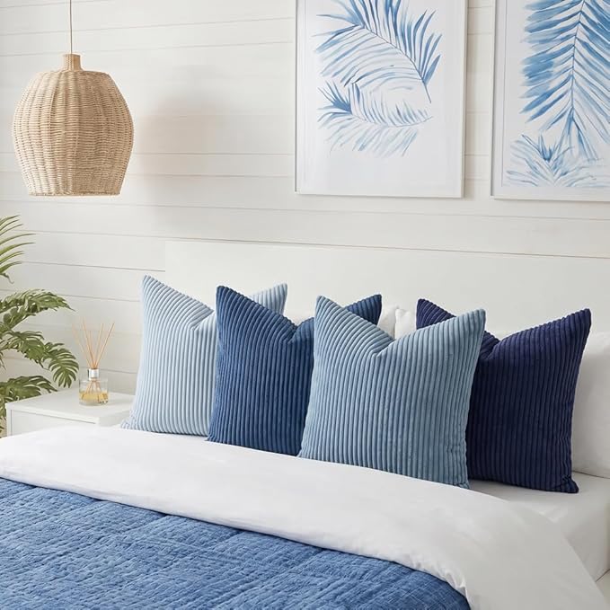 LANANAS Decorative Corduroy Throw Pillow Covers 18x18 Inch Blue Ocean | Set of 4 Neutral Couch Farmhouse Boho Throw Pillows for Living Room, Couch, Bed, Sofa Soft Accent Home Decor