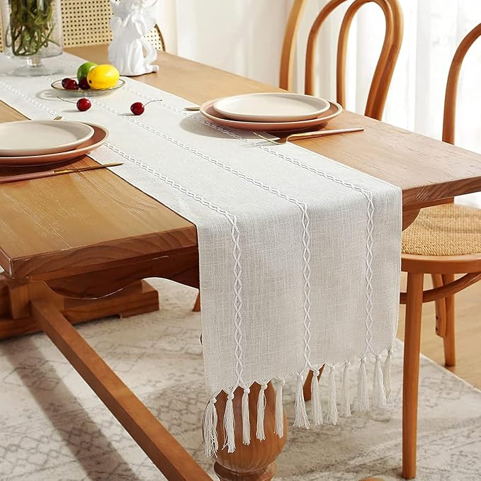 Wracra Rustic Linen Table Runner, Ivory Table Runners 90 inches Long | Raised Embroidered Design and Hand-Tassels;Cotton Linen Woven Fabric; Farmhouse Table Runner;Home Kitchen Dining Decor
