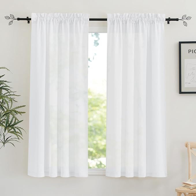 RYB HOME Linen Sheer Curtains 2 Panels for Living Room, Semi Transparent Privacy Drapes with Rod Pocket Farmhouse Style Window Treatments for Bedroom, White, 52" W x 63" L