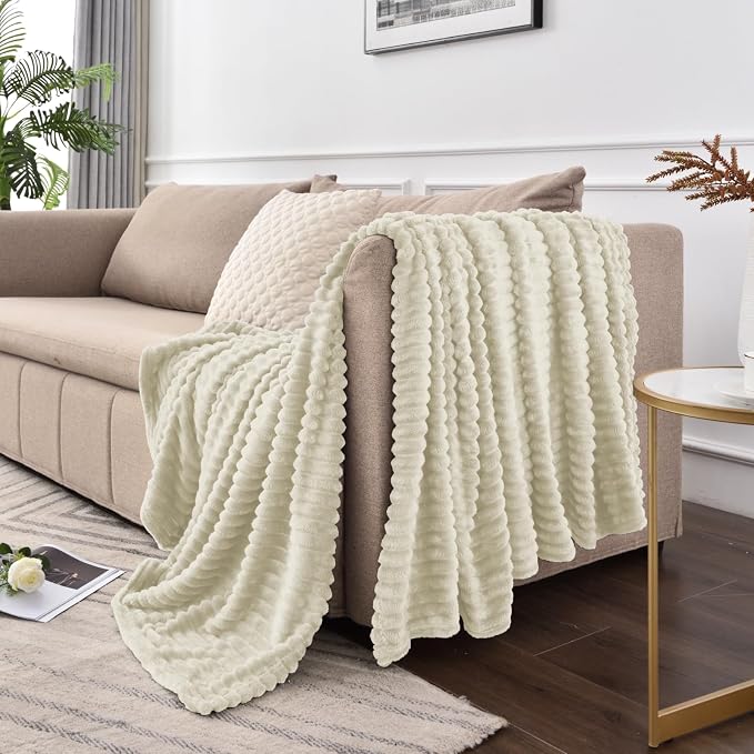 BEDELITE 3D Ribbed Jacquard Beige Blankets Queen Size for Bed, 90x90 Inch | Soft Warm Decorative Fluffy Blanket, Cozy Fuzzy Lightweight Plush Fleece Throw Blankets for Bed, Room Decor, Gift for Women