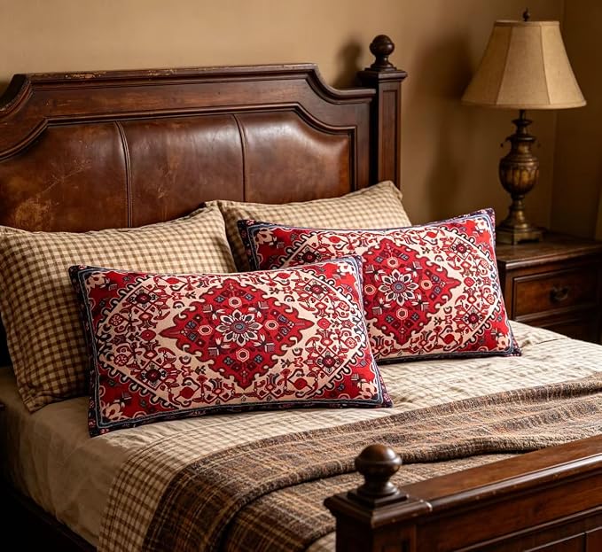Red Lumbar Throw Pillow Covers 12x20 Inch Set of 2 Washable BOHO Vintage Style Decorative Throw Pillow Cases Soft Velvet Farmhouse Decor Retro Cushion Covers for Couch Sofa Bed Living Room Outdoor