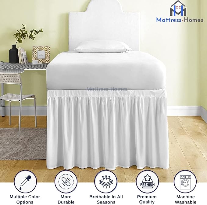 Mattress-Homes Ruffled Dorm Bed Skirt, Twin XL, 40-Inch Drop, Tailored with Split Corners, White Dust Ruffle for Lofted College Beds, Twin Extra Long Dorm Bedding Essential