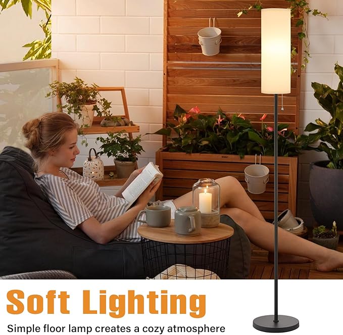 Ambimall 64" Floor Lamp with Bulb & Lampshade & Chain Switch, White & Black