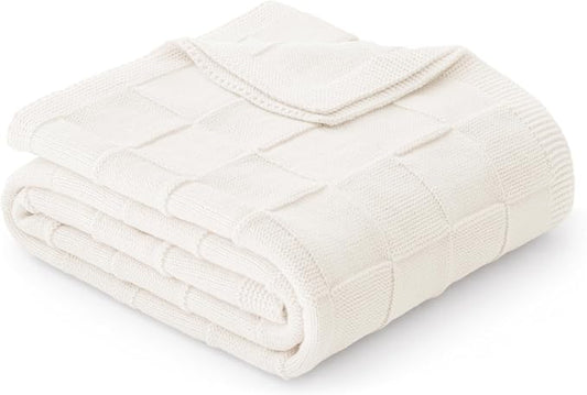 Whale Flotilla Checkered Knit Throw Blanket for Couch, Ivory | Soft Decorative Knitted Blankets for Couch Sofa Bed, Lightweight Cozy Throws for Spring Summer, 50x60 Inch