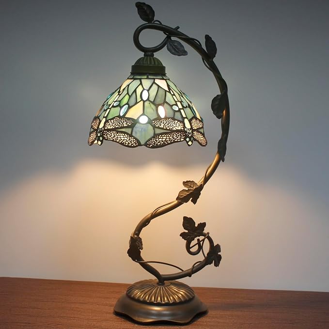 WERFACTORY Tiffany Lamp Sea Blue Stained Glass Dragonfly Style Table Light