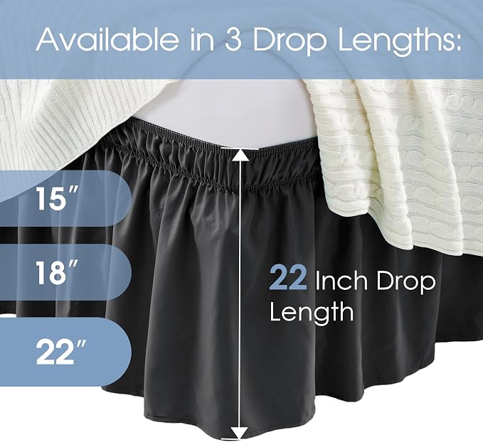 FreshCulture King Bed Skirt, Dust Ruffle for King Size Bed, Easy Fit with 22-Inch Tailored Drop, Elastic Wrap Around Bed Skirt King Size, Hotel Quality Bed Skirts for Adjustable Bed (Black)