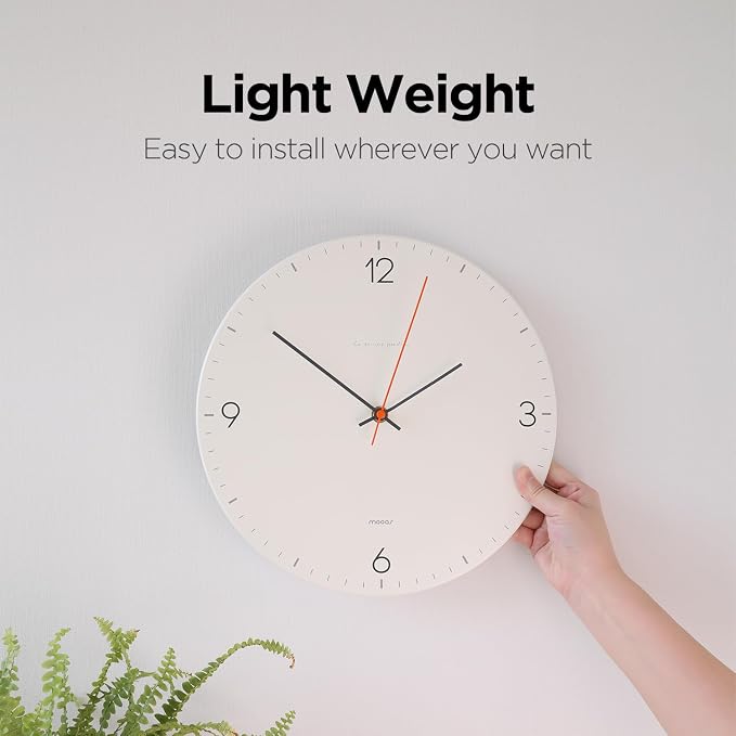 mooas Flatwood Wall Clock,12" Non-Ticking Sweep Movement (Simple White) | Decorative Battery Operated Wall Clock for Home Living Room Kitchen Bedroom Office School