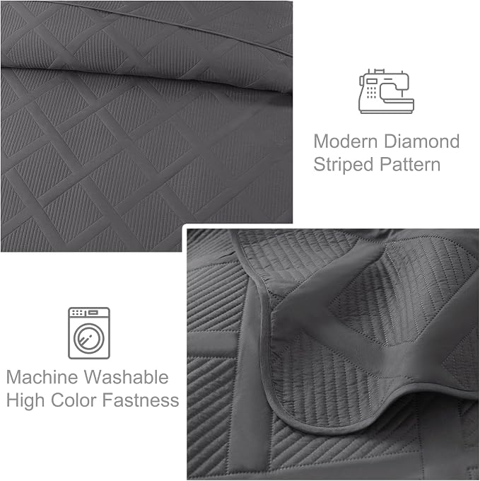 Exclusivo Mezcla Quilts Queen Size, Grey | Soft Bedspreads with 2 Pillow Shams, Modern Striped Pattern, Lightweight Bedding Set Coverlets for All Seasons, 90x96 Inch