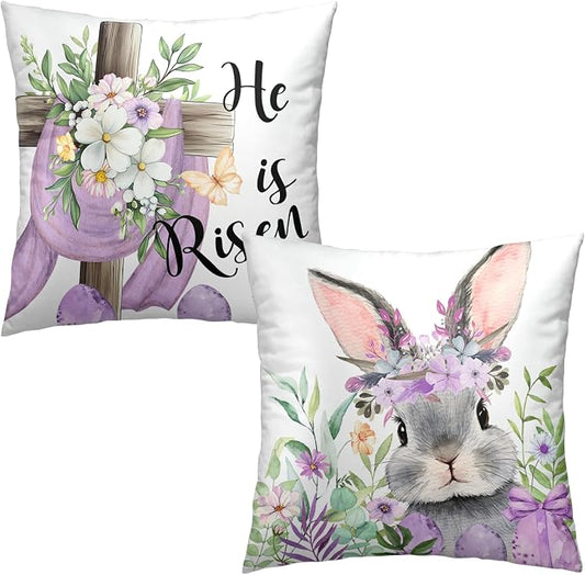Pack of 2 Easter Pillow Covers 22x22 Floral Eggs Bunny Throw Pillow Covers Cross He is Risen Pillow Cases Purple Cushion Cases Easter Decorations for Home Couch Sofa Farmhouse