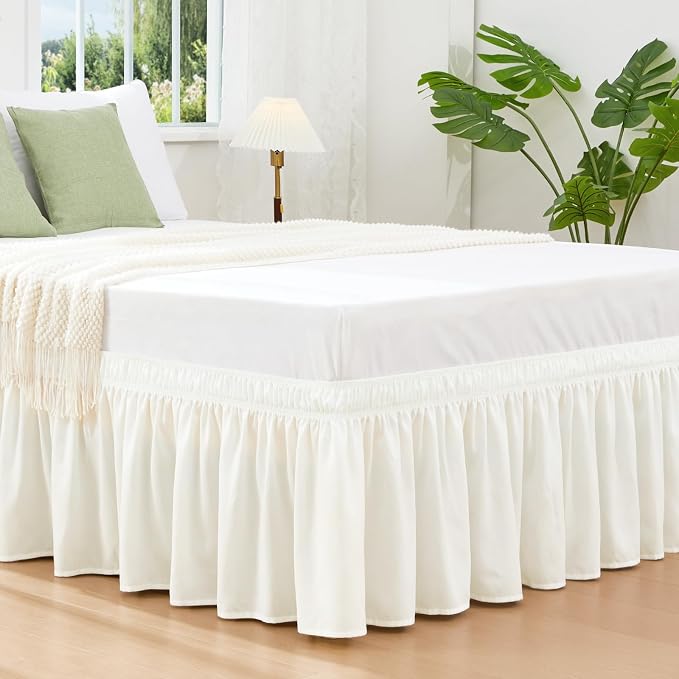 Vocander Cream Queen Bed Skirt 16 Inch Drop, Elastic Wrap Dust Ruffle | Hides Underbed Storage, No Mattress Lifting, Elastic Stays Put, Soft Fabric, Machine Washable, Polished Look