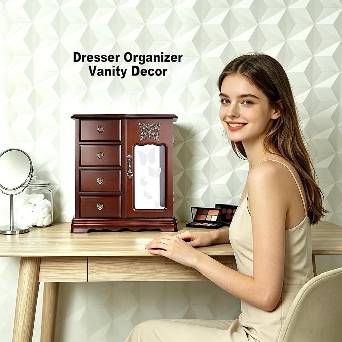 RR ROUND RICH DESIGN Solid Wood Jewelry Box for Women Brown | Vintage Butterfly Glass Door Jewelry Armoire with Mirror, 4 Drawers & Rotating Necklace Carousel