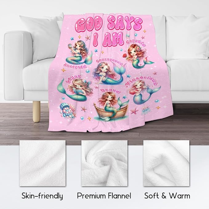 Mermaid Blanket for Girls, Mermaid Gifts, Party Decorations, God Says I Am, Cute Fleece Fuzzy Blanket for Couch Chair, 30"x40"