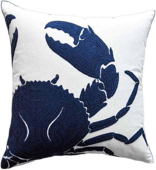 Embroidered Crab Throw Pillow Cover,Square 18 Inches Decorative Crab Canvas Pillow Cover for Nautical Style Deco by (Navy-Crab-New)