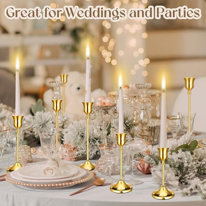24PCS Brass Gold Taper Candle Holders Set, Vintage Metal Candlestick | Tall Table Centerpiece, Pillar & LED Candles, Wedding Reception, Festive Christmas Mantel Decoration