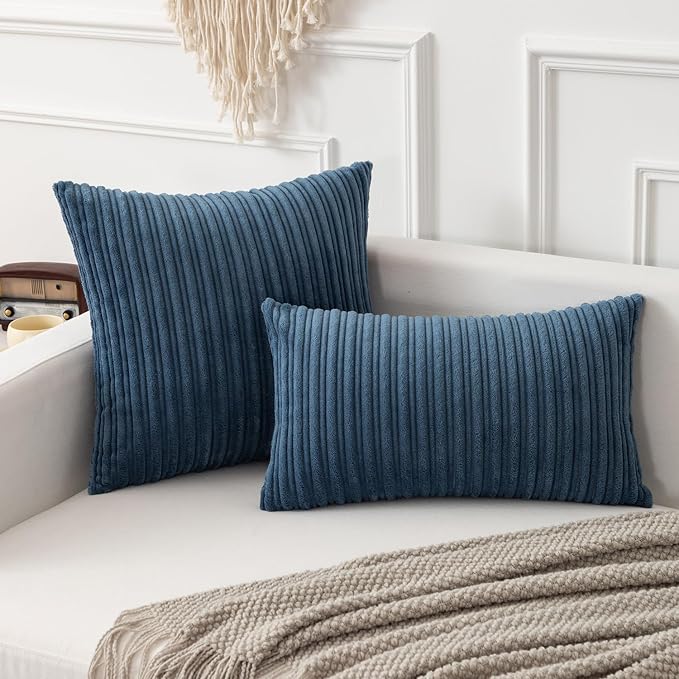 Kevin Textile Striped Corduroy 12”x20” Pillow Covers 2 Pack, Dusty Blue