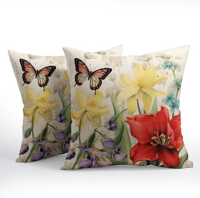 Spring Summer Flower Outdoor Decorative Pillow Covers 16x16 Inch Set of 2 Floral Butterfly Throw Pillows Spring Farmhouse Pillowcases Cotton Linen Cushion Covers for Couch Bed Sofa Chair Home Decor