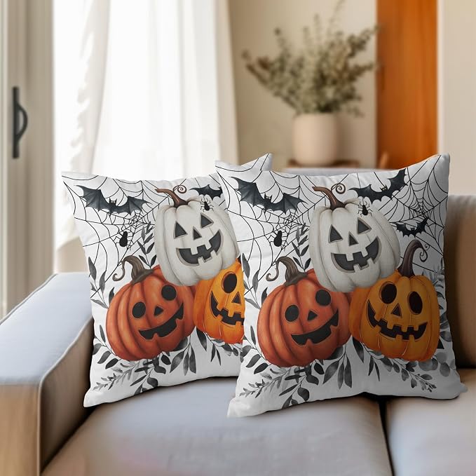 Halloween Pumpkins Throw Pillow Covers 18x18 Inch Pumpkin Jack-O-Lanterns with Black Bat Web Decorative Holiday Pillow Case Cotton Linen Fall Farmhouse Cushion Cover for Home Sofa Couch