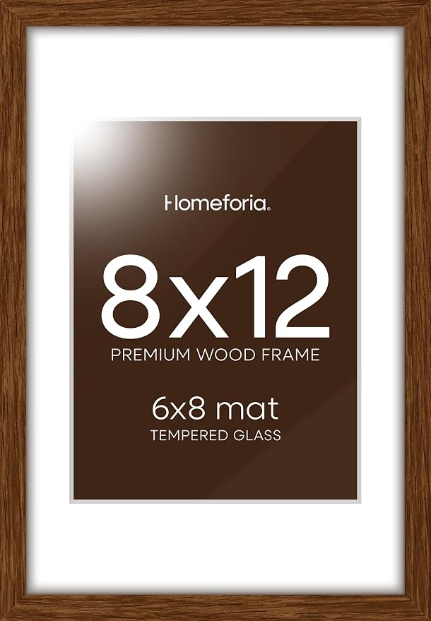 Homeforia 8x12 Brown Oak Picture Frame, High-End Wood, 6x8 Mat, Glass