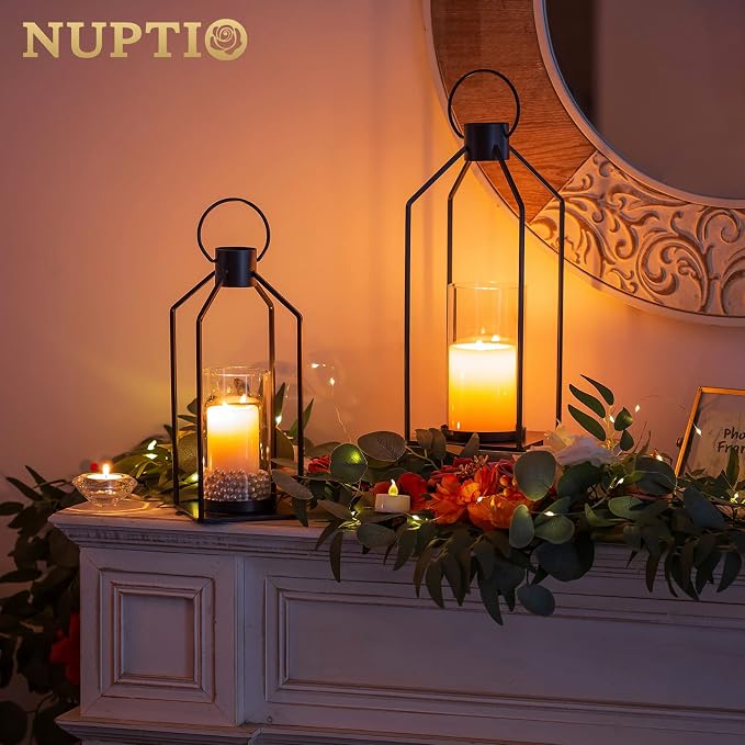 NUPTIO Decorative Lantern Candle Holder: Black Lantern with Hurricane Glass | Hanging Lanterns Decor 2 Pcs for Outdoor, Farmhouse Pillar Stand for Halloween Christmas Wedding Home Fireplace