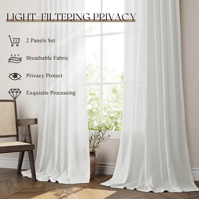 Jowels Off White Linen Curtains 90 Inch Long 2 Panels for Living Room | Light Filtering Semi Sheer Curtain, Back Tab Pocket Pleated Look, Boho Farmhouse Textured Privacy Drapes for Bedroom Window