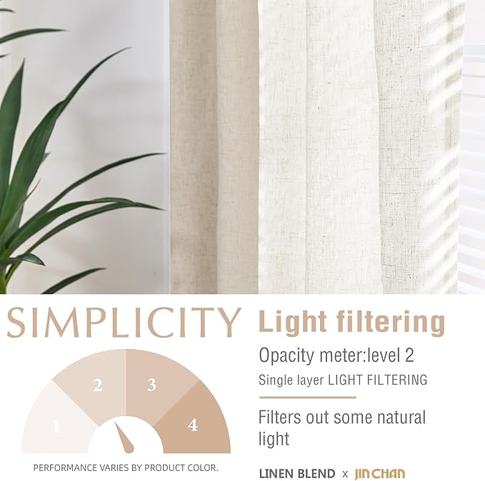 jinchan Linen Curtains Light Filtering Back Tab 50x96 Inch 2 Panels Beige | Semi Sheer Curtains 96 inch length for Bedroom Living Room, Modern Farmhouse Drapes with Rod Pocket, Natural Boho Curtains