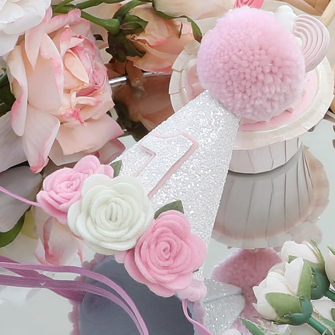 JUIIZAY Pink Flower First Birthday Party Decorations for Girl Butterfly Highchair Banner Hat One Floarl Cake Topper 1st Party Decor