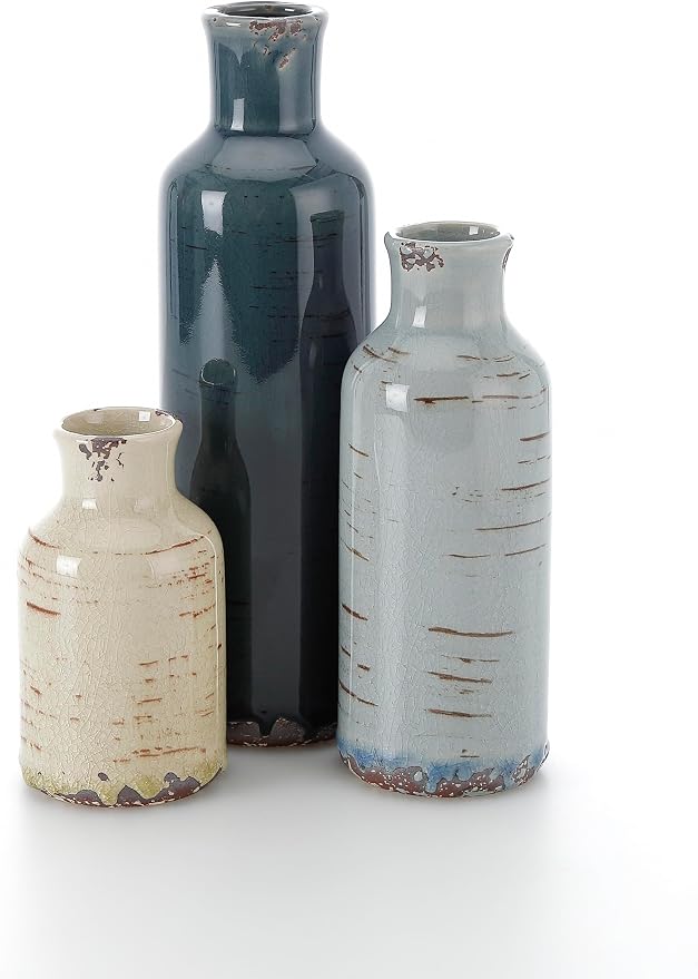 Tenvy Multi-Color Ceramic Crackled Glazed Vase Set 3, Rustic Farmhouse Decorative Vase for Home, Office & Events