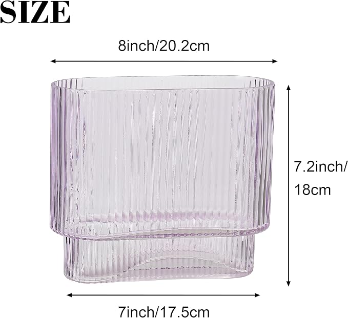 Ribbed Vase, Purple Glass Vase for Flowers, Purple Flower Vases for Tulips, Modern Vases for Living Room, Dining Table, Office, Bedroom, Mantle, Shelf, Wedding, 7 Inch