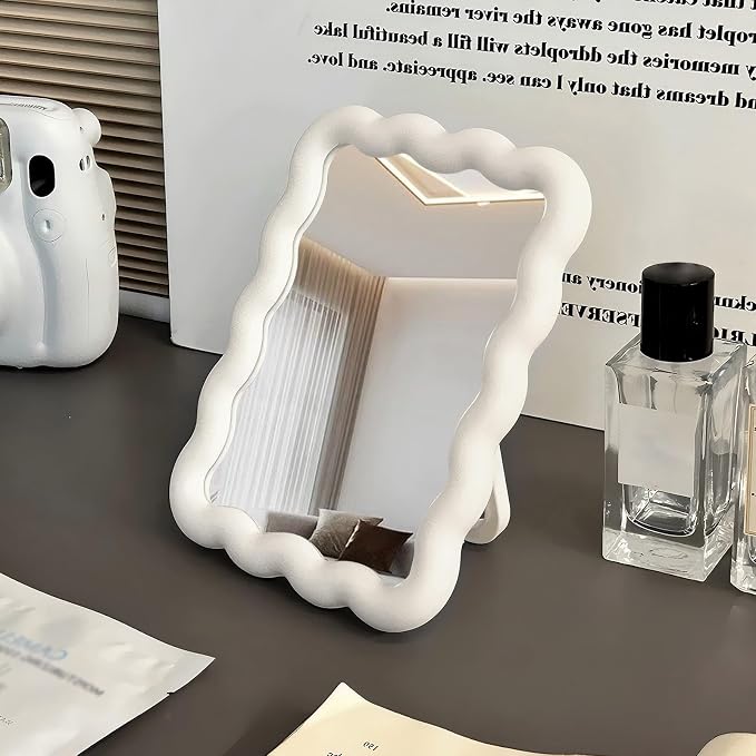Wave Table Desk Vanity Makeup Mirror Small Make Up Office Mirror White | Desk Decor,Cute Mirror,Cute Desk Accessories,Mini Mirror,for Standing Hanging,6.7X5.3Inch,Home Decor