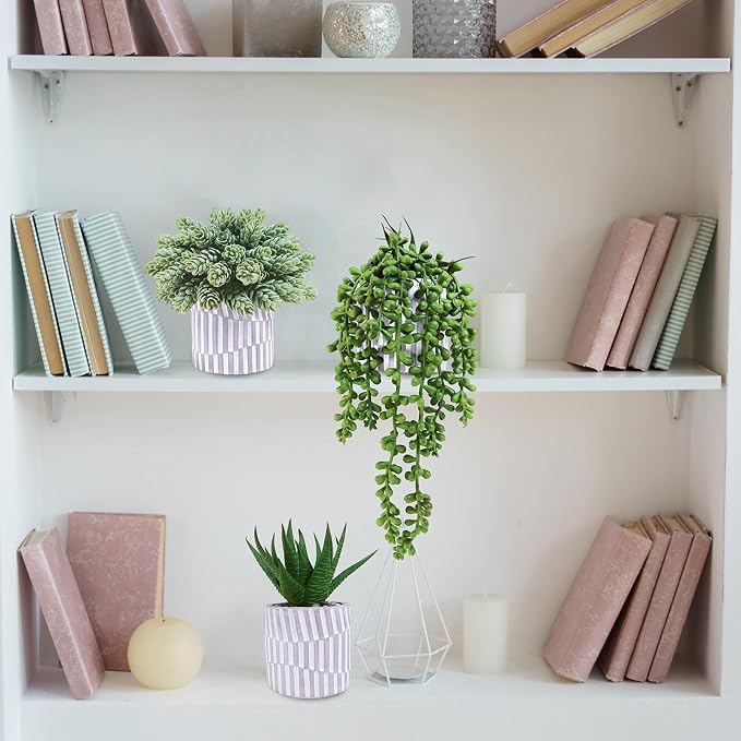 Winlyn 3 Pack Small Faux Succulent Plants Fake String of Pearls Aloe Hops Succulents in Gray Geometric Concrete Pots Artificial Potted Plant for Office Desk Home Tabletop Windowsill Shelf Decor