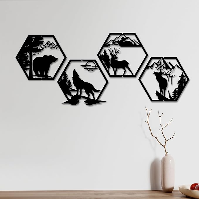 Xedatric Rustic Forest Metal Wall Art 4-Piece Bear Deer Wolf Moose | Black forest theme for cabin decor, rustic wildlife animal silhouette set, indoor wall hanging.