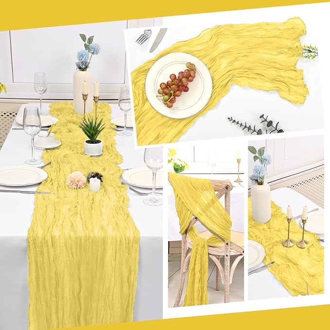 10 Pack Light Yellow Cheesecloth Table Runner 17x108 Inch Boho Gauze Cheese Cloth Table Runners for Wedding Party Baby Shower Birthday Home Decor