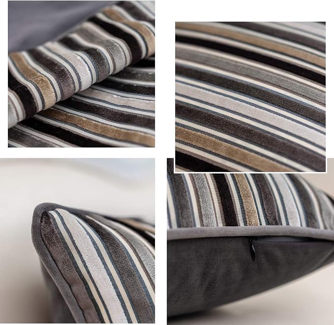 Yangest Grey Striped Throw Pillow Cover Multicolor Velvet Cushion Cover Modern Bohemian Pillowcase for Sofa Couch Bedroom Living Room Home Christmas Decoration,18x18 Inch