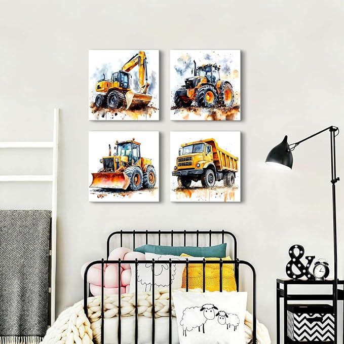 Watercolor Construction Truck Wall Art Boys Bedroom Decor Excavator Bulldozer Tractor Canvas Prints Pictures Kids Room Playroom Transportation Car Theme Paintings Artwork Home Decorations 16x16” 4Pcs