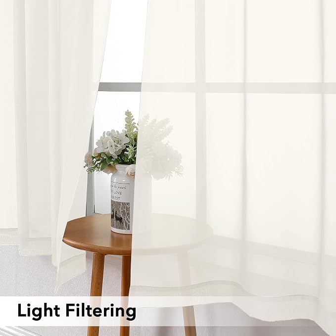 Simplebrand Ivory Sheer Kitchen Curtains (2 Panels, 42 x 36 Inch, Rod Pocket) - 100% Polyester Light Filtering Drapes for Bathroom, Living Room, Bedroom Decoration