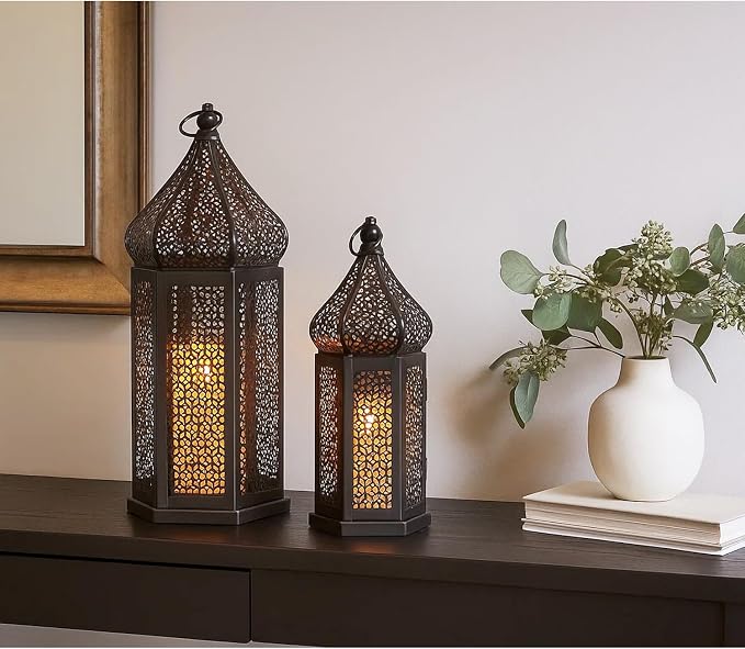 Vela Lanterns Decorative Indoor Black Moroccan Temple Lanterns, Set of 2