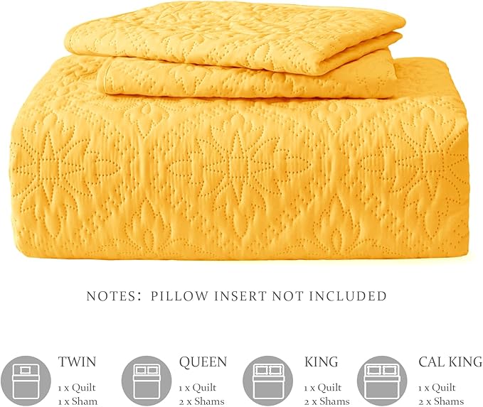 Exclusivo Mezcla Full Queen Quilt Set, Bright Yellow | Lightweight Soft Bedspreads Coverlets, All Season Bedding with 2 Pillow Shams, Modern Style for Bedroom Guest Room