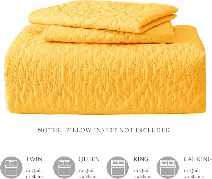 Exclusivo Mezcla California King Quilt Set, Bright Yellow | Lightweight Soft Bedspreads Coverlets, All Season Bedding with 2 Pillow Shams, Modern Style for Bedroom Guest Room