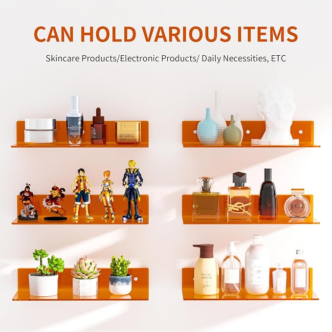 Sezanrpt 15 Inches Orange Acrylic Wall Shelves 2 Pack, L Shape Floating Shelf, Perspex Wall Mounted Shelves for Home Décor, Model Car, Candle, Calendar, Towel, Tissue
