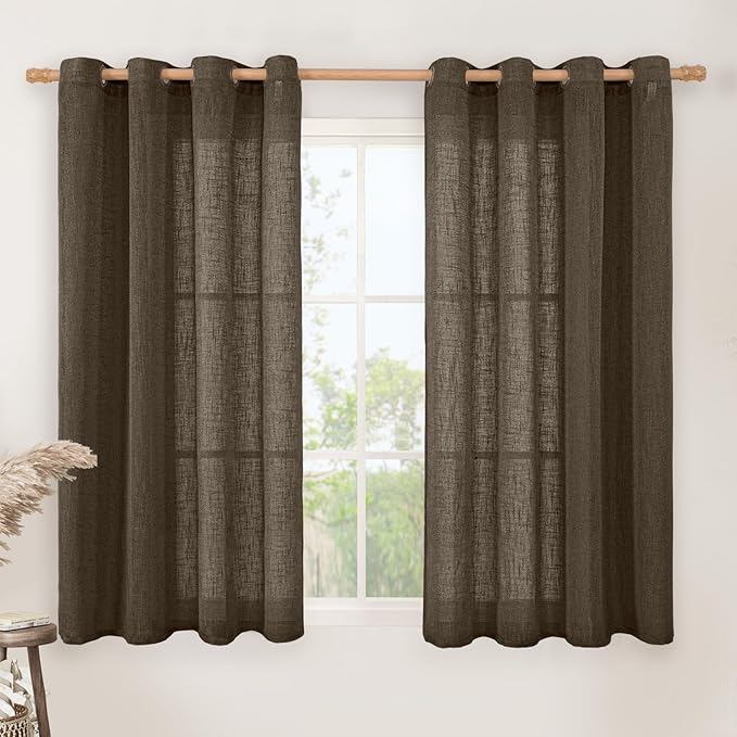 Semi Sheer Linen Curtains 45 Inches Long for Bedroom 2 Panels | Dark Brown, Light Filtering Panels, Linen Textured, Curtains for Kitchen, Chocolate Decor, Bronze Grommet, 52 x 45 Inch