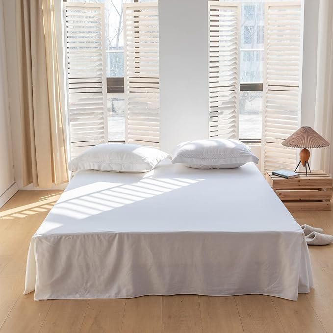 BISELINA French Linen Bed Skirt with Pleated Corner 14-Inch Tailored Drop Natural Flax Cotton Blend Basic Dust Ruffle Soft Cozy Farmhouse Bedding (14" Full, Basic White)