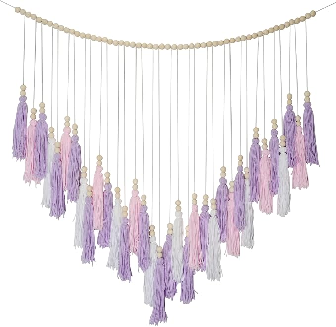 Pink & Purple Macrame Hanging Boho Wall décor, Purple Wall Decor for Bedroom Living Room Girls Room Nursery Large Tassel Hanging with Wood Beads 41" W x 32" H